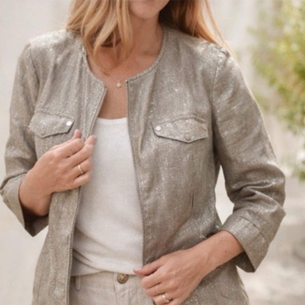 Chico’s Linen Jacket Size 0 Taupe Shimmer Open Front Zip Up Minimalist